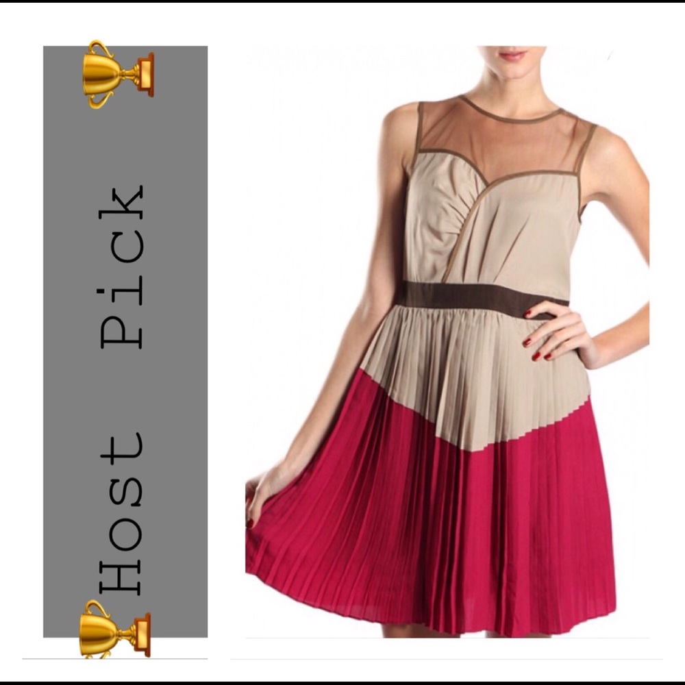 Final Sale  New Tan/ Burgundy Pleated Dress